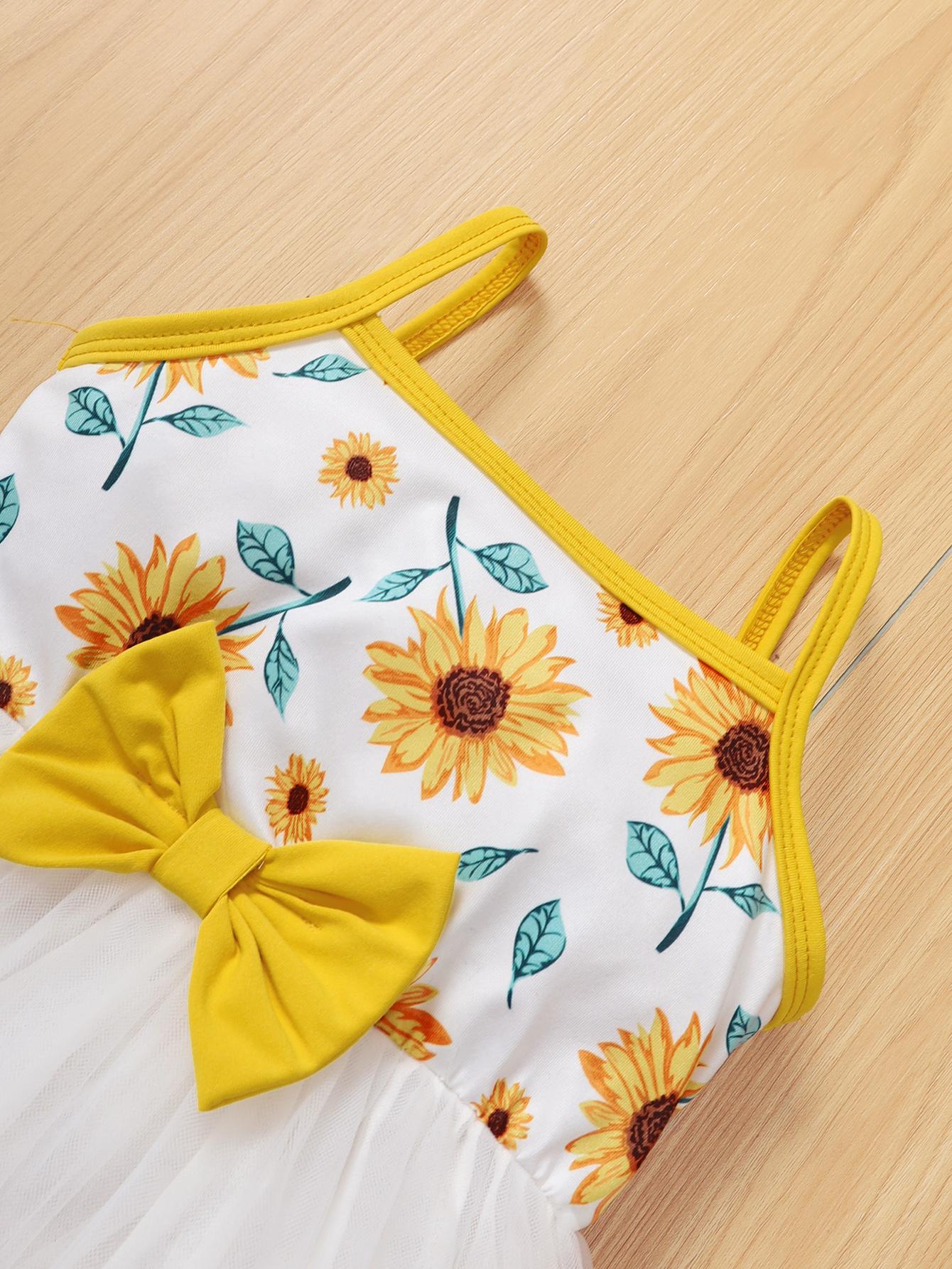 Kids Fashion Girls Dress Straps Sunflower Bow Splice Gauze One Piece Dress White F222112151