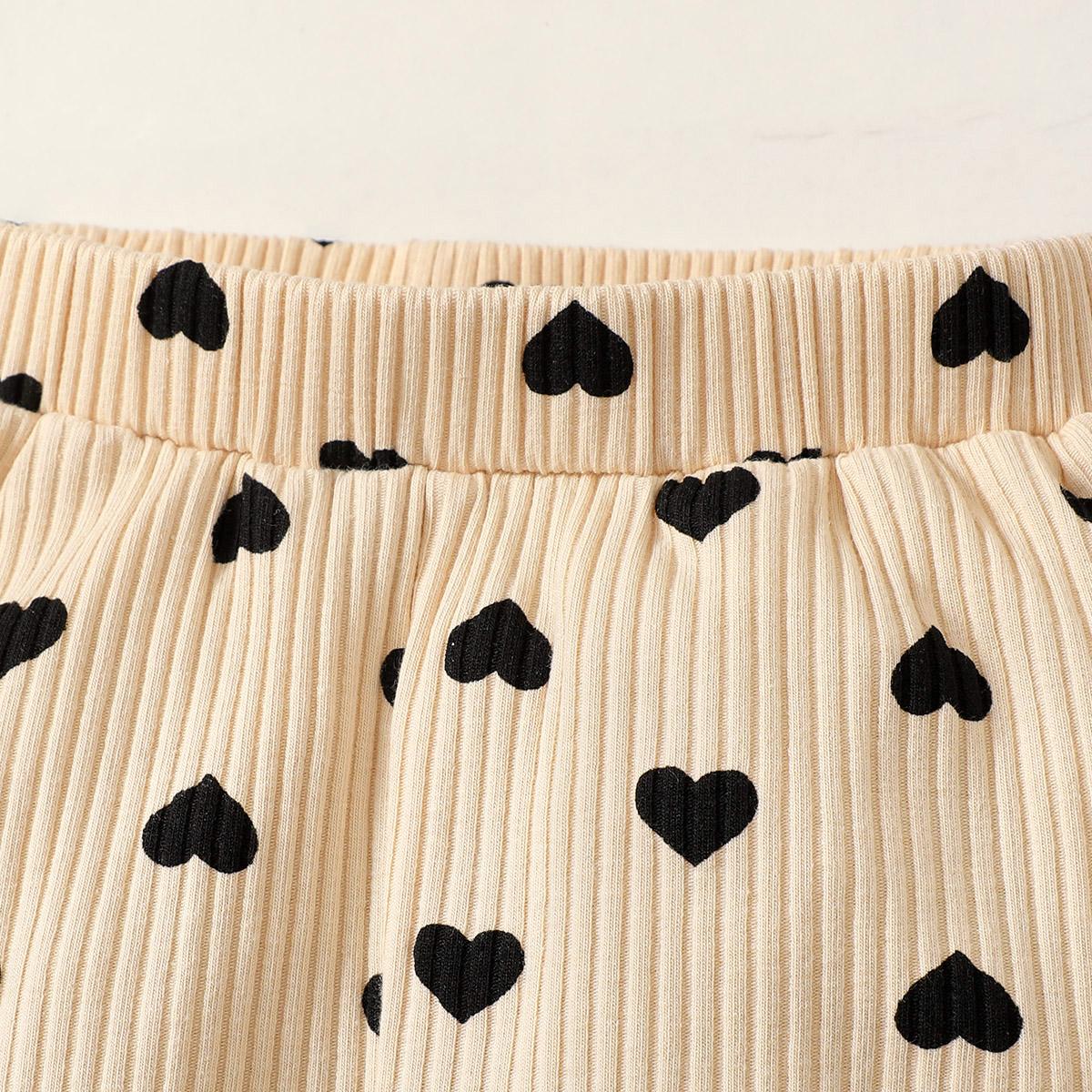 Kids fashion Girls Outfits Summer Straps Heart Print Tops Shorts 2Pcs OOTD Apricot 12110056