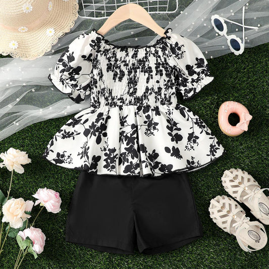 Baby Girls Clothes Floral Print Bubble Sleeve Tops Elastic Shorts 2Pcs Outfits For Summer White P2023020051