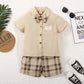 Ready Stock Baby Boys Clothes Bow Tie Turn-down Collar Pocket Shirts Elastic Plaid Shorts 2Pcs Summer Gentle Outfits Apricot 222212307