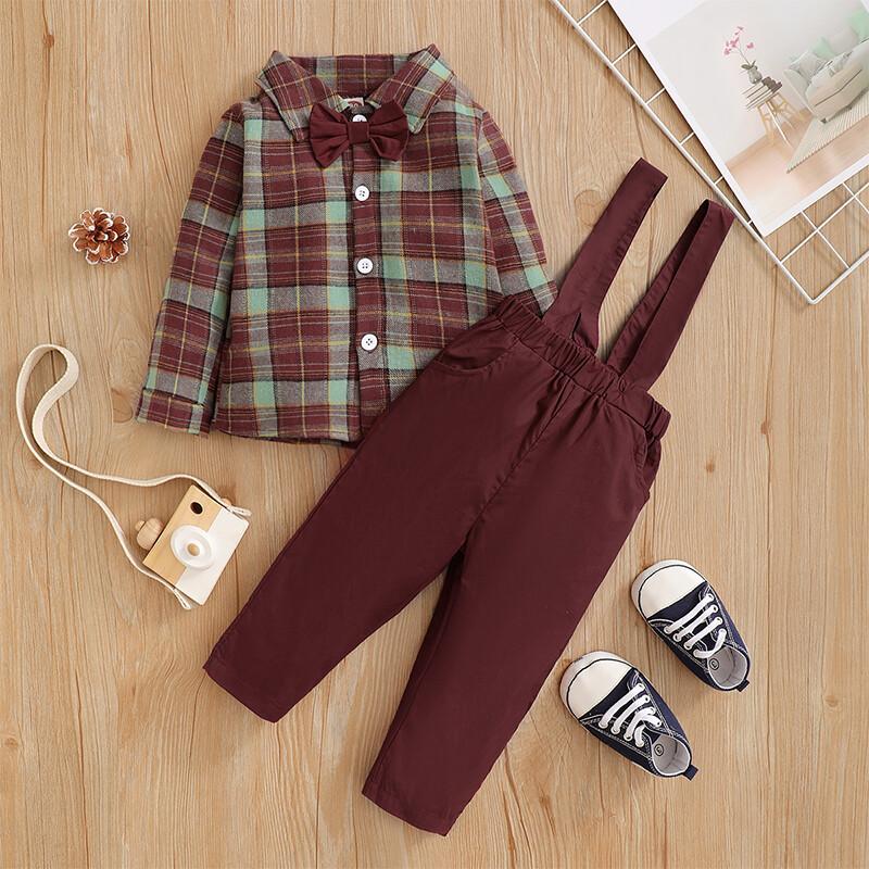 Newborn Baby Boys Clothes Baby Boys 2PCS Outfits Long Sleeve Lapel Plaid Tops Overall Pants Set 22106303-2