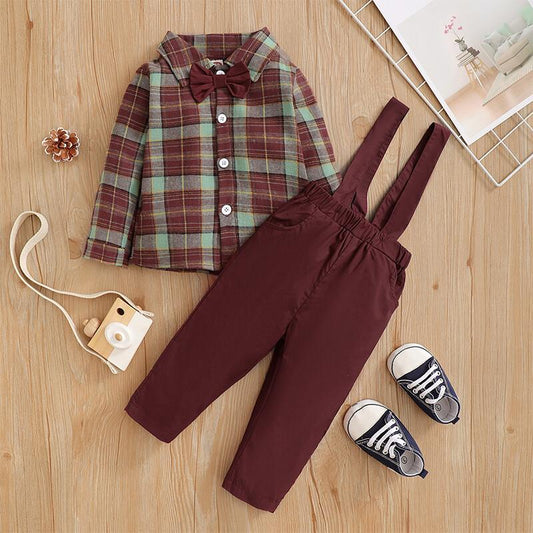 Newborn Baby Boys Clothes Baby Boys 2PCS Outfits Long Sleeve Lapel Plaid Tops Overall Pants Set 22106303-2