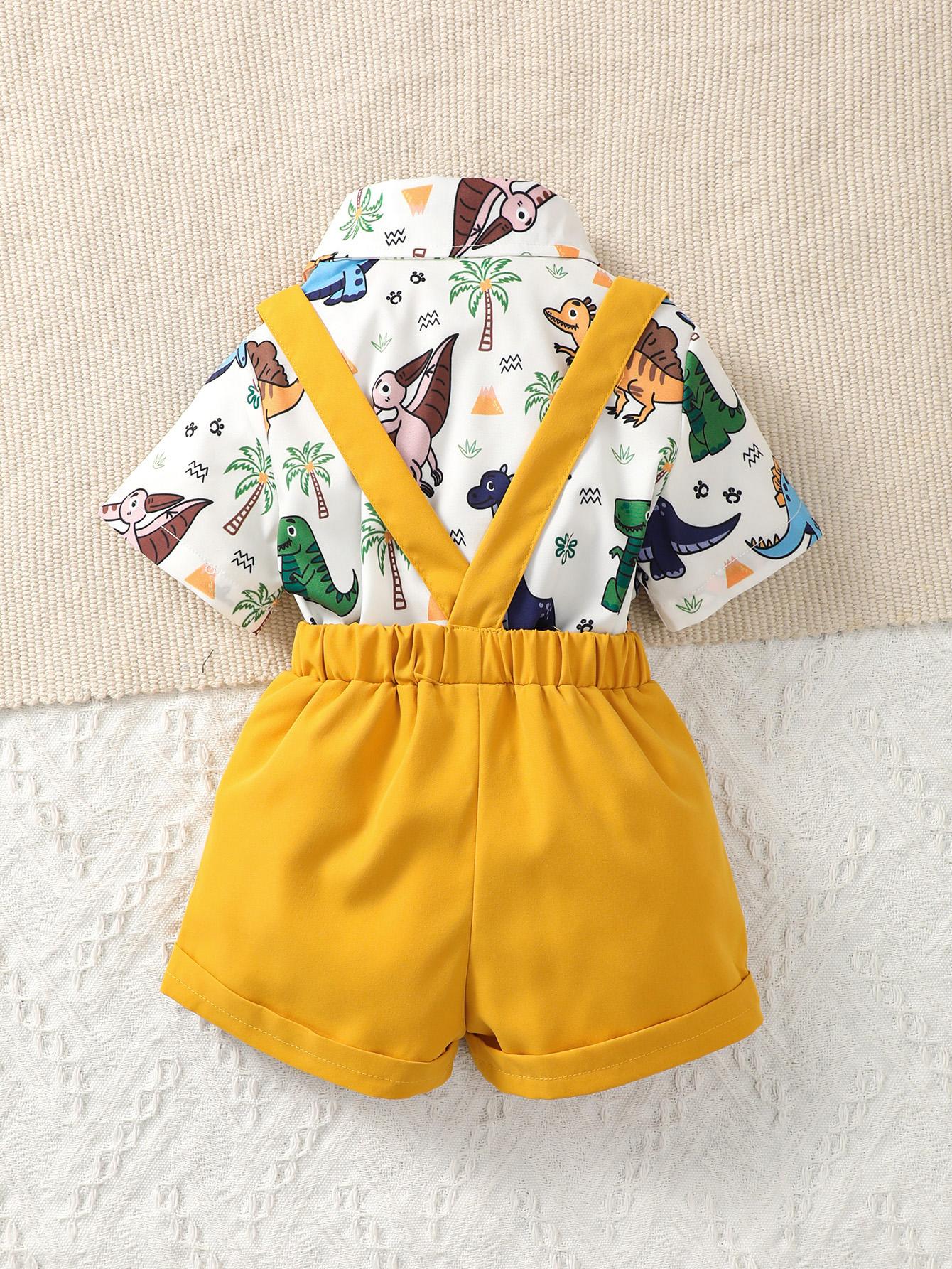 Kid Fashion Ready Stock Boys Clothes OOTD Dinosaur Bow Tie Turn-down Collar Shirt Straps Suspender Shorts 2PCS Outfits Yellow YCS112210452