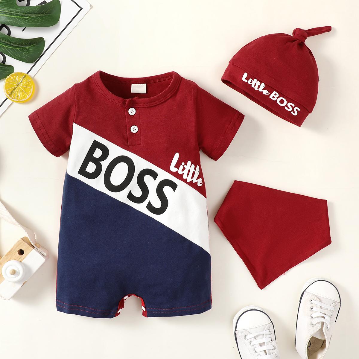 KID FASHION Baby Boys Clothes "little BOSS" Splice Summer Romper With Hat 2Pcs Romper Set 122205013