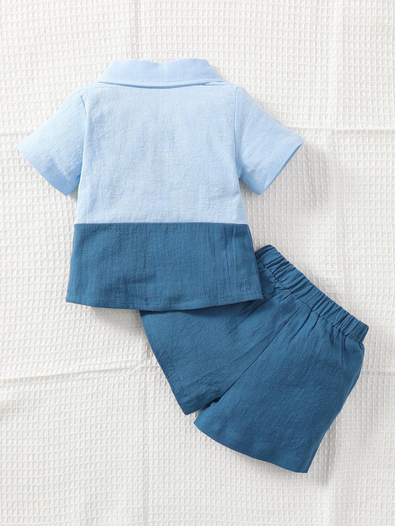 Kid Fashion Ready Stock Boys Summer Outfits Turn-down Collar Pocket Splice Shirt Elastic Shorts 2Pcs Clothes Set Blue 112211057