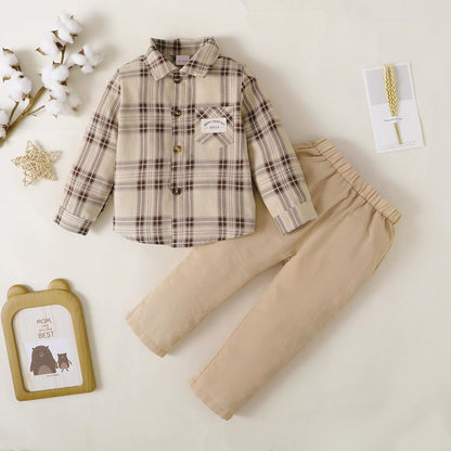 Baby Boys Outfits Barbary Plaid Turn-down Collar Shirts Pants 2Pcs Gentle Clothes Set Apricot 222211303