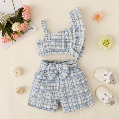 Kids fashion Girls Summer Clothes One Shoulder Plaid Elastic Shorts 2Pcs Outfits Blue 122203457