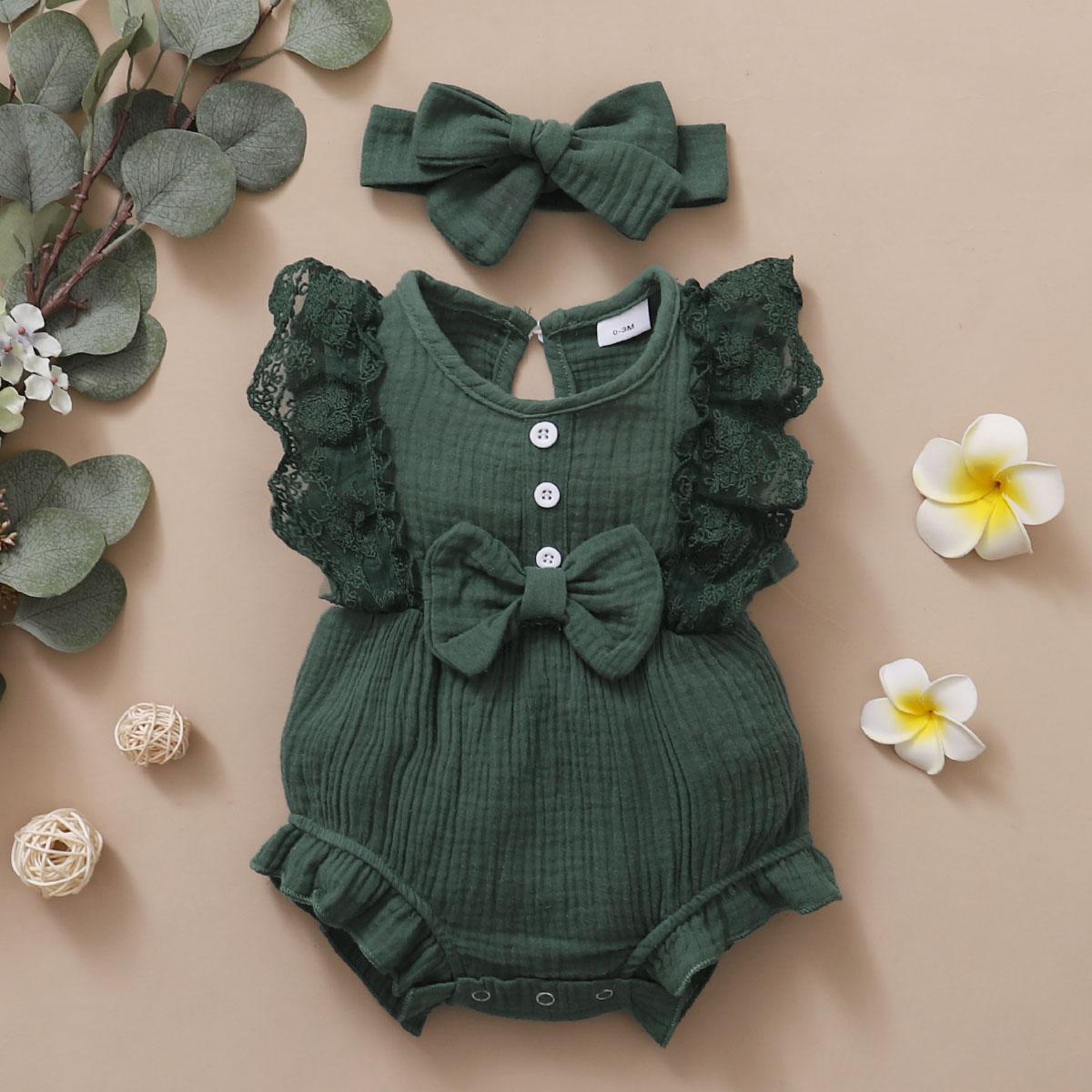 Newborn Baby Girls Romper Bodysuit Solid Color Romper Headband 2Pcs Green 12011153-3