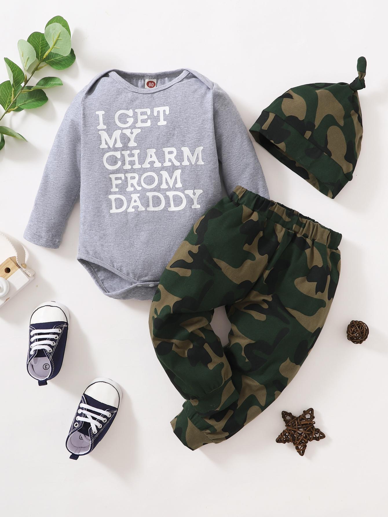 Baby Clothes Baby Boy Letter Long Sleeve Rombo Camo Pants Hat 3PCS L2007138-1