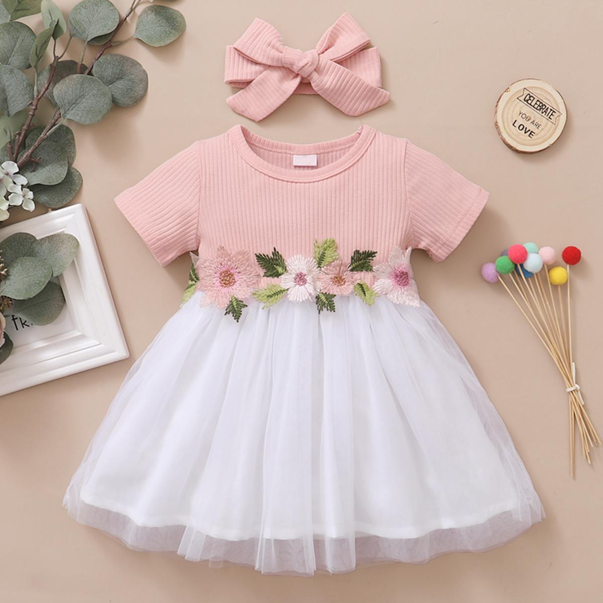 Baby Girls Outfits Rib Summer Gauze Dress With Headband Pink 12101161-1