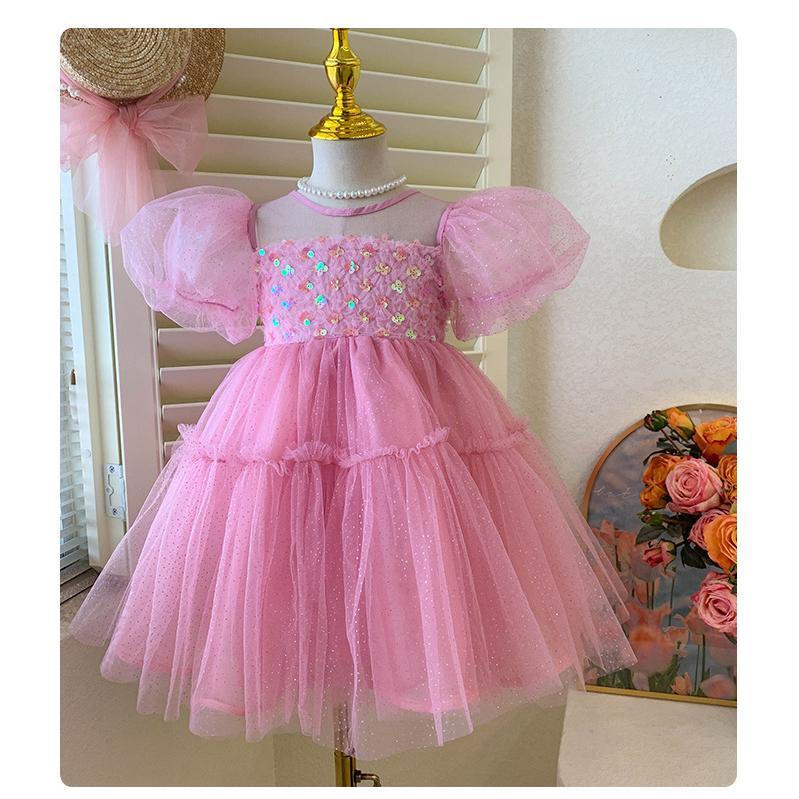 Baby Girls' Korean Princess Dress Summer Bubble Sleeves Sweet Fairy Dress PinkYN23003