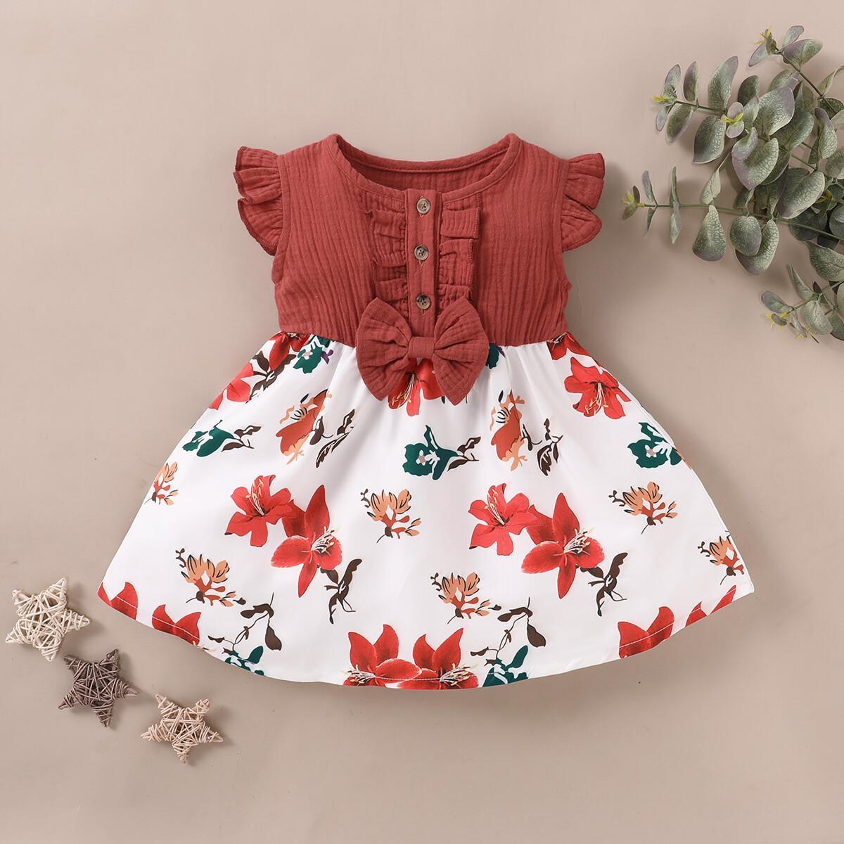 Baby Girl Dress Ruffle Short Sleeve Floral Dress Baby Girl Summer Dress Casual Dress Red SH1912622