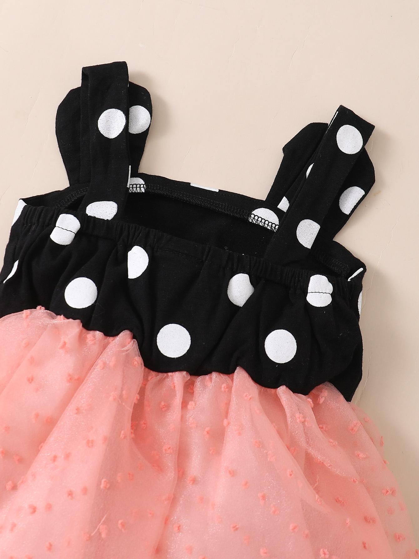 Baby Girls Dress Wave Point Splice Gauze Straps Dress With Headband Pink SH-323