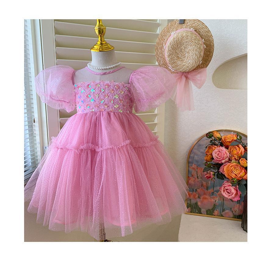 Baby Girls' Korean Princess Dress Summer Bubble Sleeves Sweet Fairy Dress PinkYN23003