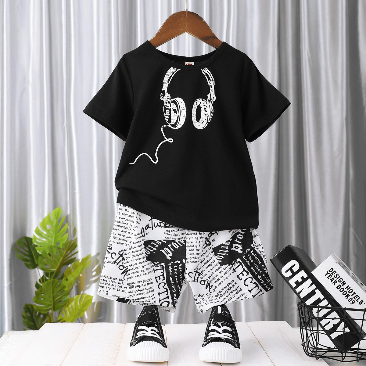 Baby Boys Clothes Headphone Summer Shirts Letter Shorts 2Pcs Outfits Black F112112001