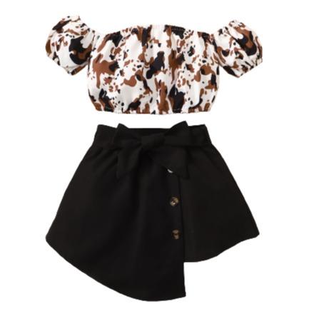 Kids Fashion Ready Stock Girls Outfits Off The Shoulder Camouflage Print Tops Irregular Skirts Brown 122110018