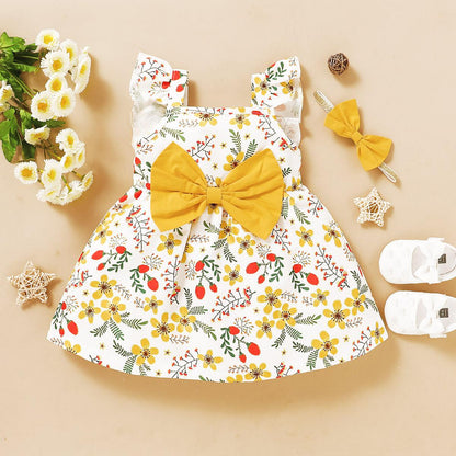 Baby Girls Clothes Sleeveless Floral Print Dress Headband 2Pcs Outfits Yellow SH2005172-1