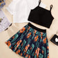 Ready Stock Big Girls Clothes Solid Color Turn-down Collar Shirts Straps Undershirt Floral Skirts 3Pcs Summer OOTD White GS112211005