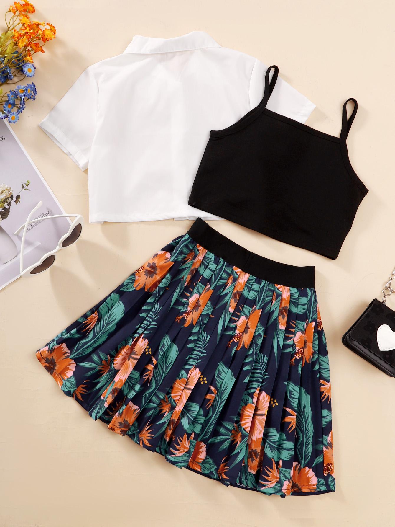 Ready Stock Big Girls Clothes Solid Color Turn-down Collar Shirts Straps Undershirt Floral Skirts 3Pcs Summer OOTD White GS112211005