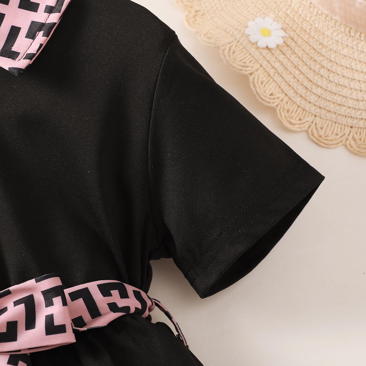 Ready Stock Kids Fashion Girls Dress Turn-down Collar Fashion Pattern Summer Dress Elastic Bow One Piece Party Dress Black 122212308