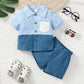 Kid Fashion Ready Stock Boys Summer Outfits Turn-down Collar Pocket Splice Shirt Elastic Shorts 2Pcs Clothes Set Blue 112211057