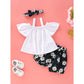 kid fashion Girl Clothes Summer Outfits Ruffle Sleeve Strap Shirt Tops Floral Shorts Headband Set White 193888