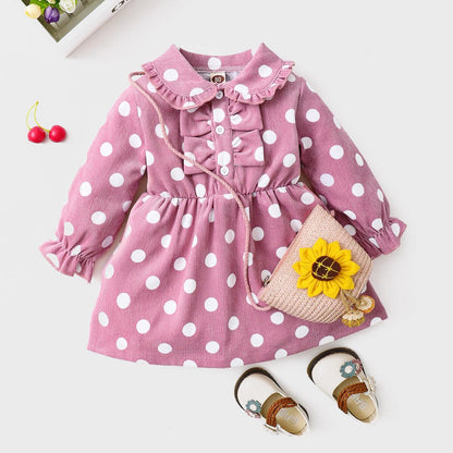 Newborn Baby Girl Clothes Baby Girl Dress Ruffle Collar Long Sleeve Polka Dots Dress Infant Baby Girl Fall Winter Dress Pink 22010020