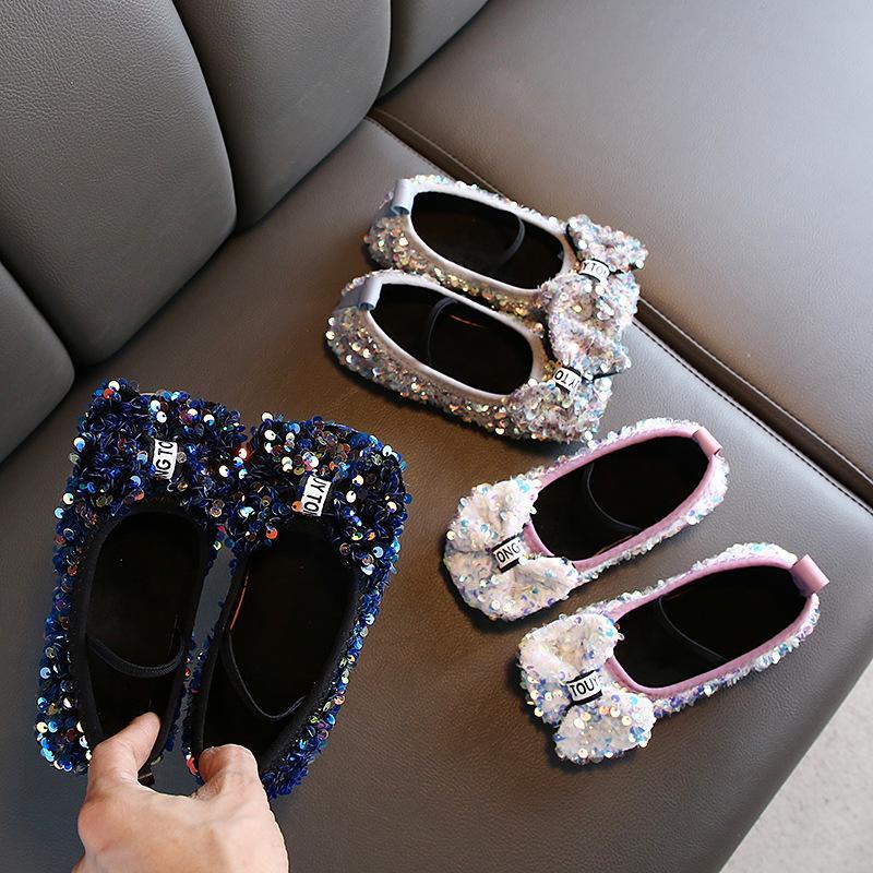 Baby Girls Shoes Korean Version Ff Flat-bottomed Bow Sequined Soft-soled Princess Shoes 9999