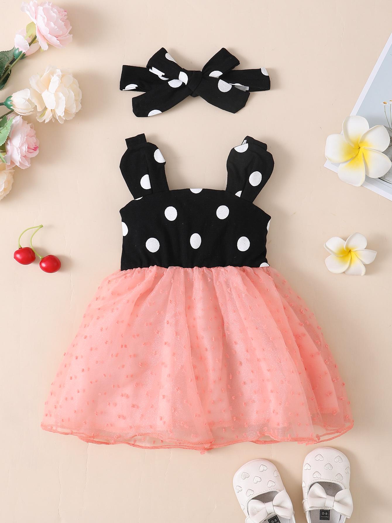 Baby Girls Dress Wave Point Splice Gauze Straps Dress With Headband Pink SH-323