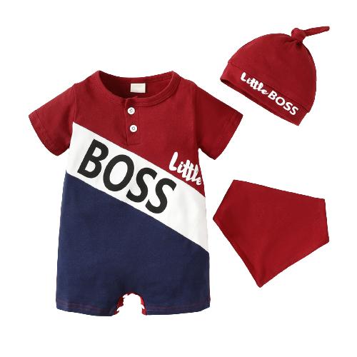 KID FASHION Baby Boys Clothes "little BOSS" Splice Summer Romper With Hat 2Pcs Romper Set 122205013