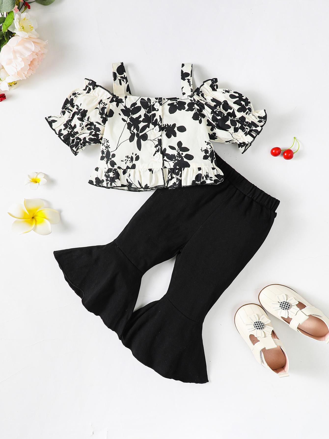 Kids Fashion Ready Stock Girls Clothes Floral Straps Bubble Sleeve Tops Bell-bottomed Pants 2Pcs Niceapparel OOTD White 623020005