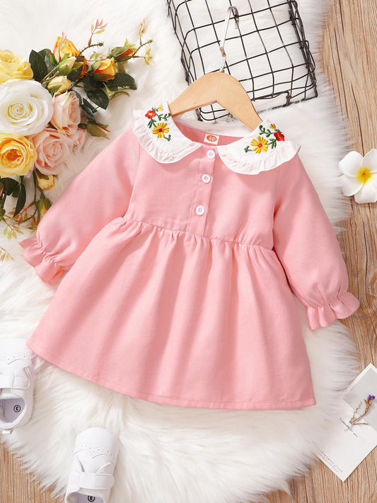 kid fashion Girl Clothes Girl Dress Long Sleeve Dress Ruffle Embroidered Floral Collar Dress  Fall Dress Pink 22009660-1