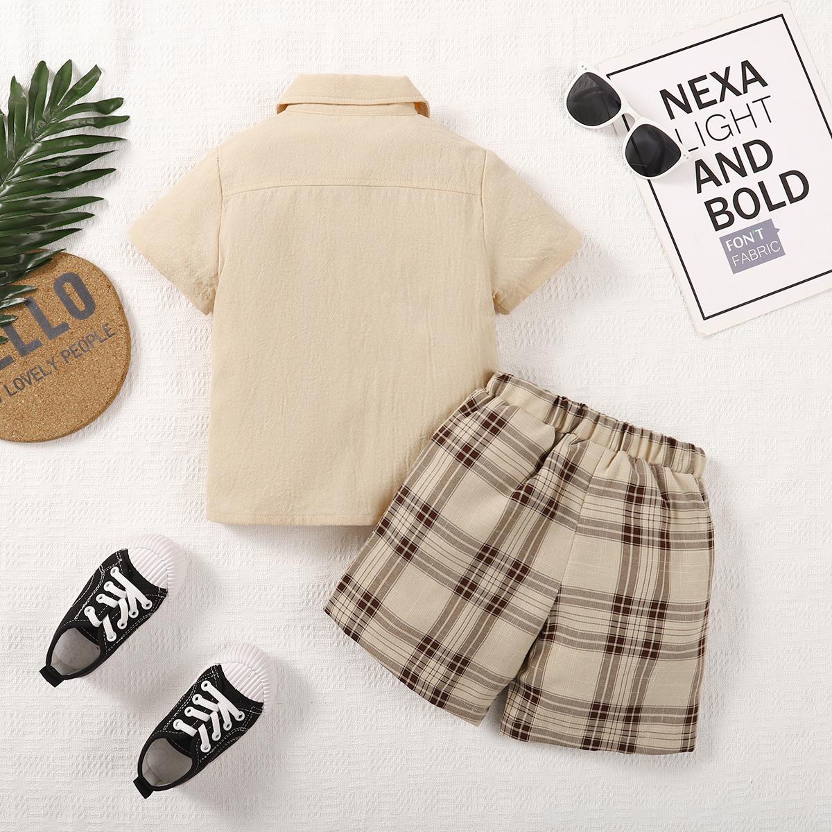 Ready Stock Baby Boys Clothes Bow Tie Turn-down Collar Pocket Shirts Elastic Plaid Shorts 2Pcs Summer Gentle Outfits Apricot 222212307