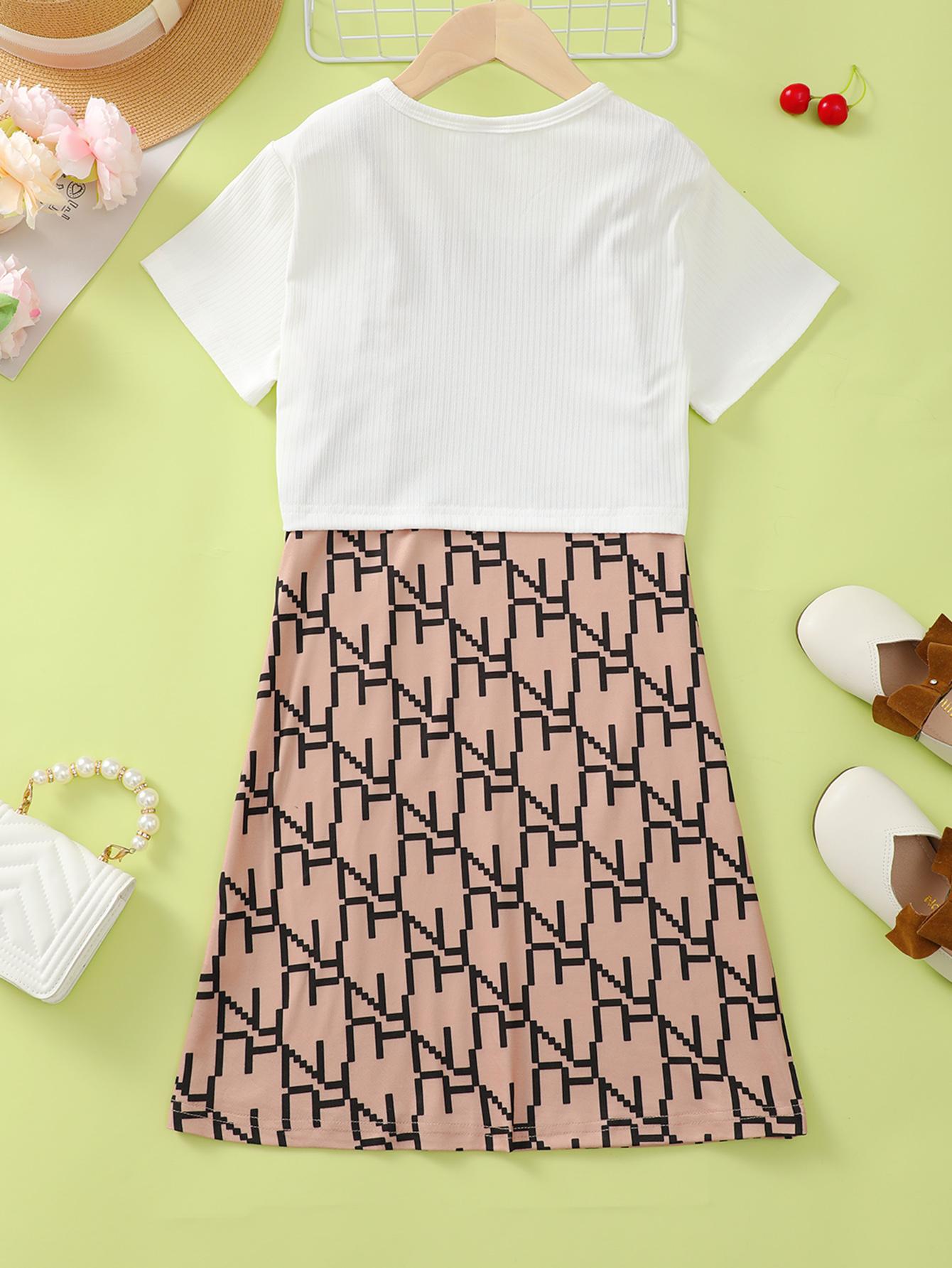 Kid Fashion Ready Stock Girls Clothes Solid Short Sleeve Crops Tops Fashion Pattern Straps Summer Dress 2Pcs OOTD White J212212302