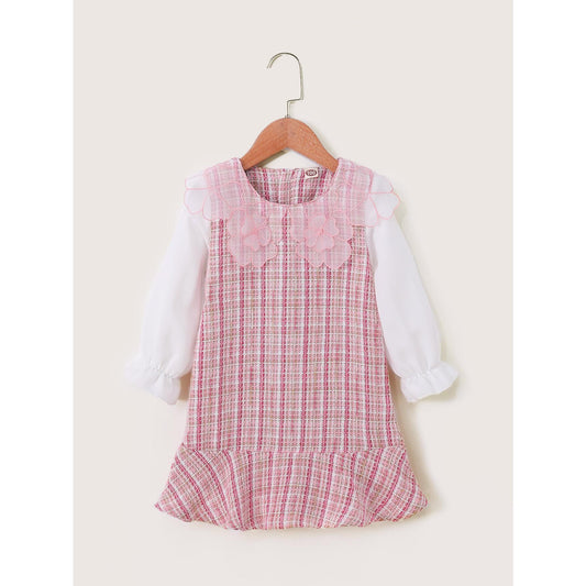 Baby Girl Dress Long Sleeve Floral Collar Dress Pink Plaid Dress Baby Girl Fall Winter Dress WL1910032