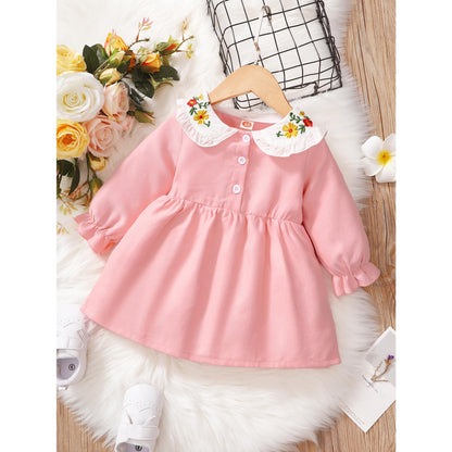kid fashion Girl Clothes Girl Dress Long Sleeve Dress Ruffle Embroidered Floral Collar Dress  Fall Dress Pink 22009660-1