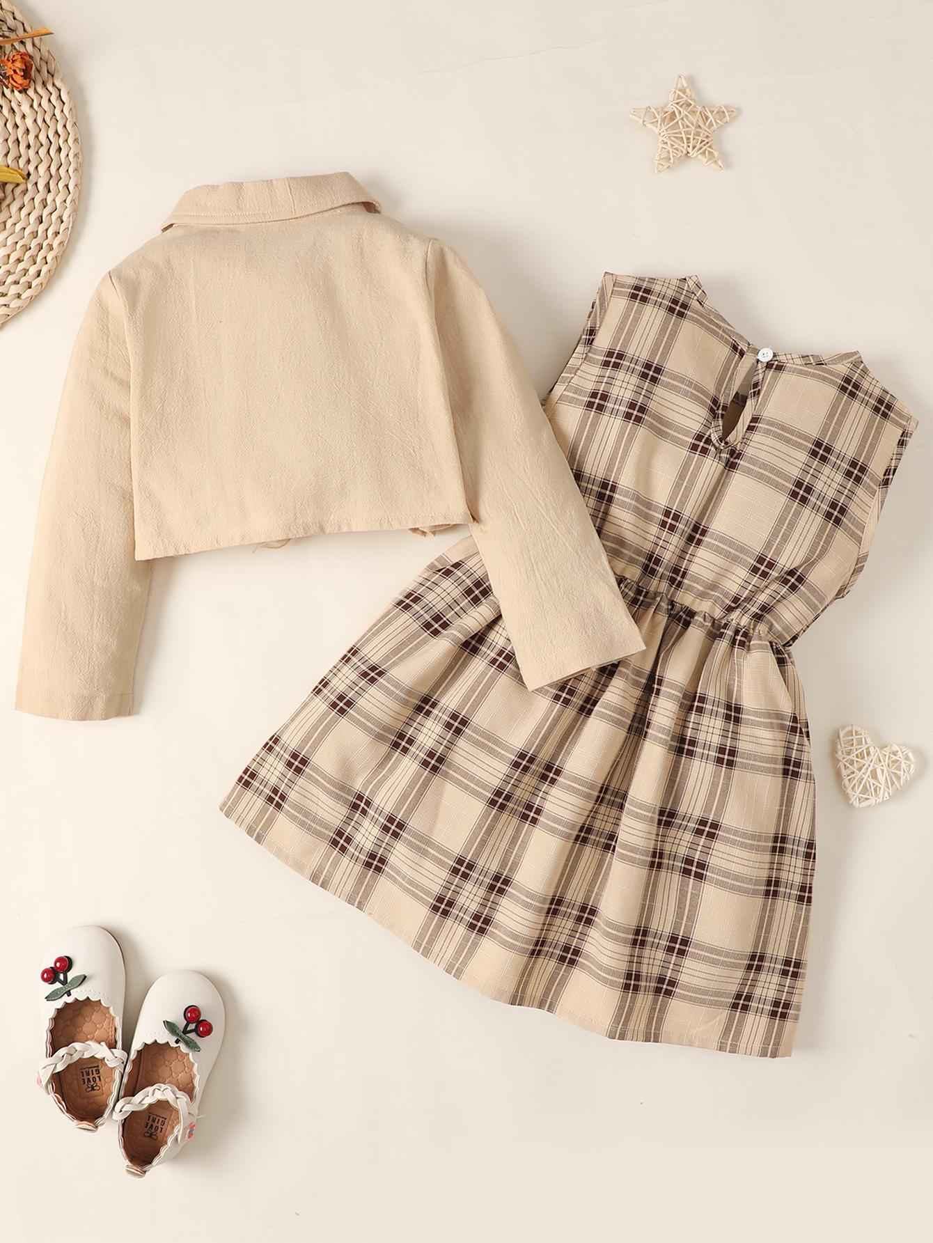 Baby Girls Outfits Short Style Coat Plaid Sleeveless Dress 2Pcs Clothes Set Apricot 222206312-2