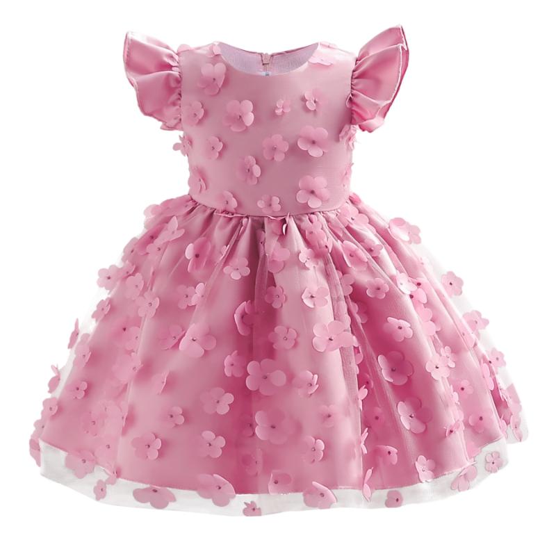 Baby Girls Princess Dress Embroidered Ruffle Sleeve Gazue Party One Piece Performance Dress Pink 2916