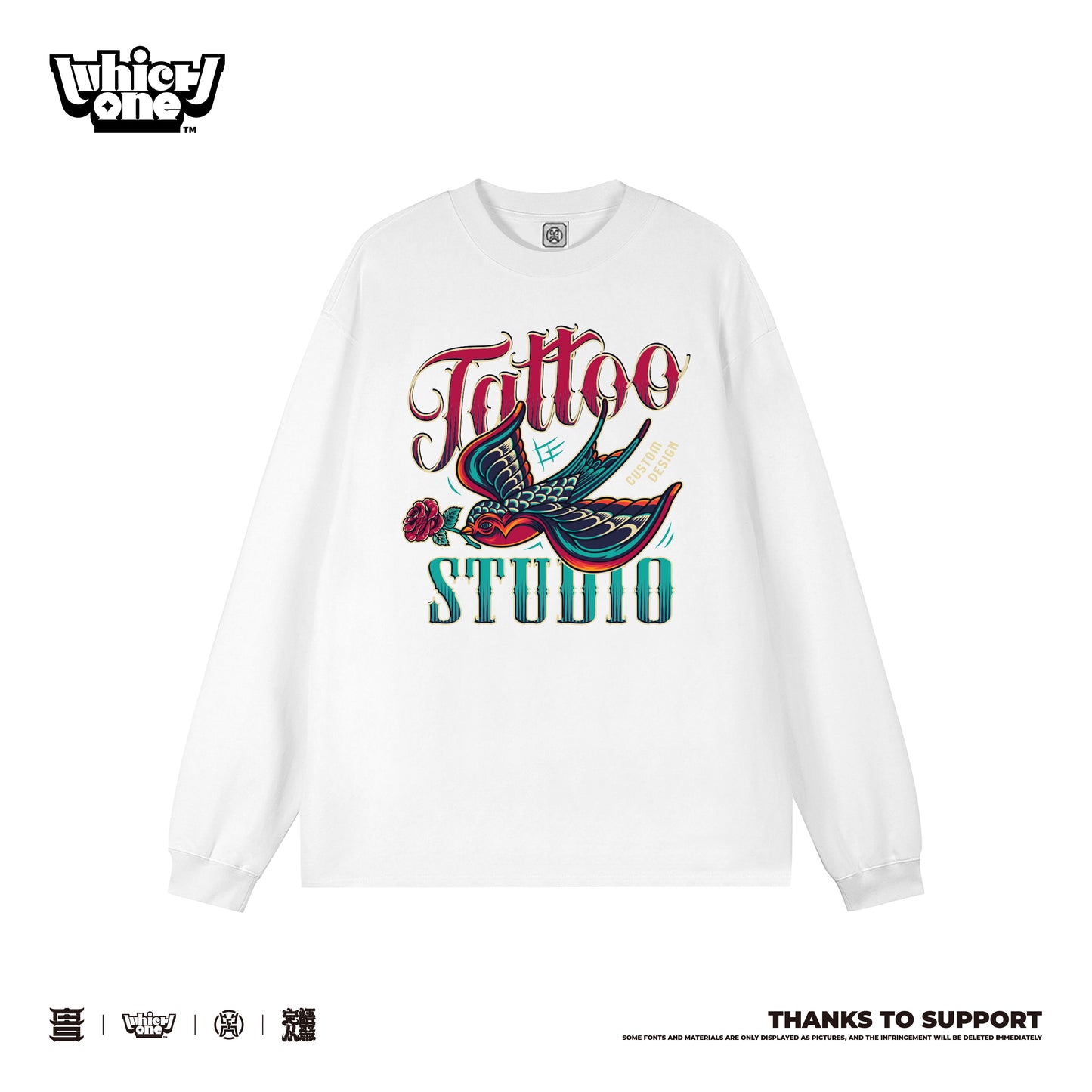 Customized Long Sleeve Round Neckline Top TATTOO, black, white, pure cotton, matching outfits, whatever design you wantDZ2211CX