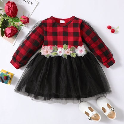 Baby Girls Dress 1PCS Autumn Dress Floral Plaid Print Splice Dress  132206456