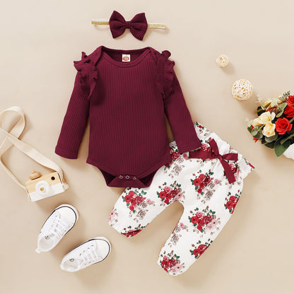 Baby Girls Outfits Red Color Romper Top Rose Print Pants Headband 3Pcs Winter Clothes Set MOYMX2006064-3