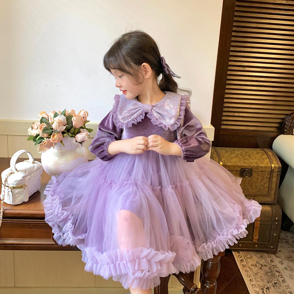 Baby Girls Ins Style Long Sleeve Princess Dress Puffy Dress Purple 2259