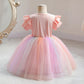 Girls Dress Summer Short Sleeve Pink Cotton Rainbow Puffy Mesh Princess Dress