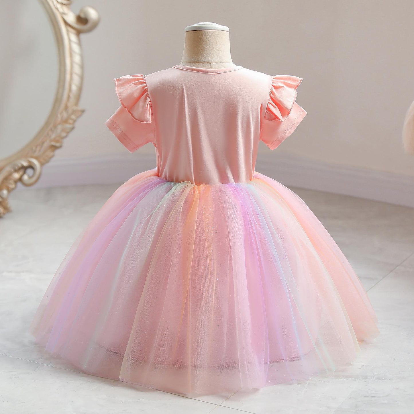 Girls Dress Summer Short Sleeve Pink Cotton Rainbow Puffy Mesh Princess Dress