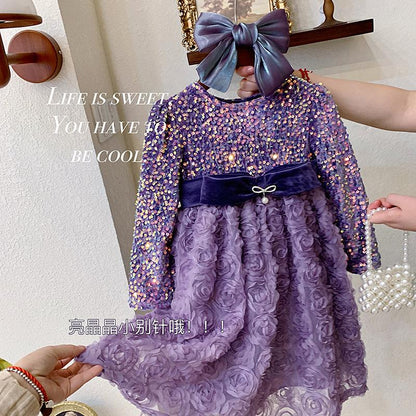 Baby Girls princess Dress Fashionable Dress Little Girl Sequin Plush Dress Purple 800029