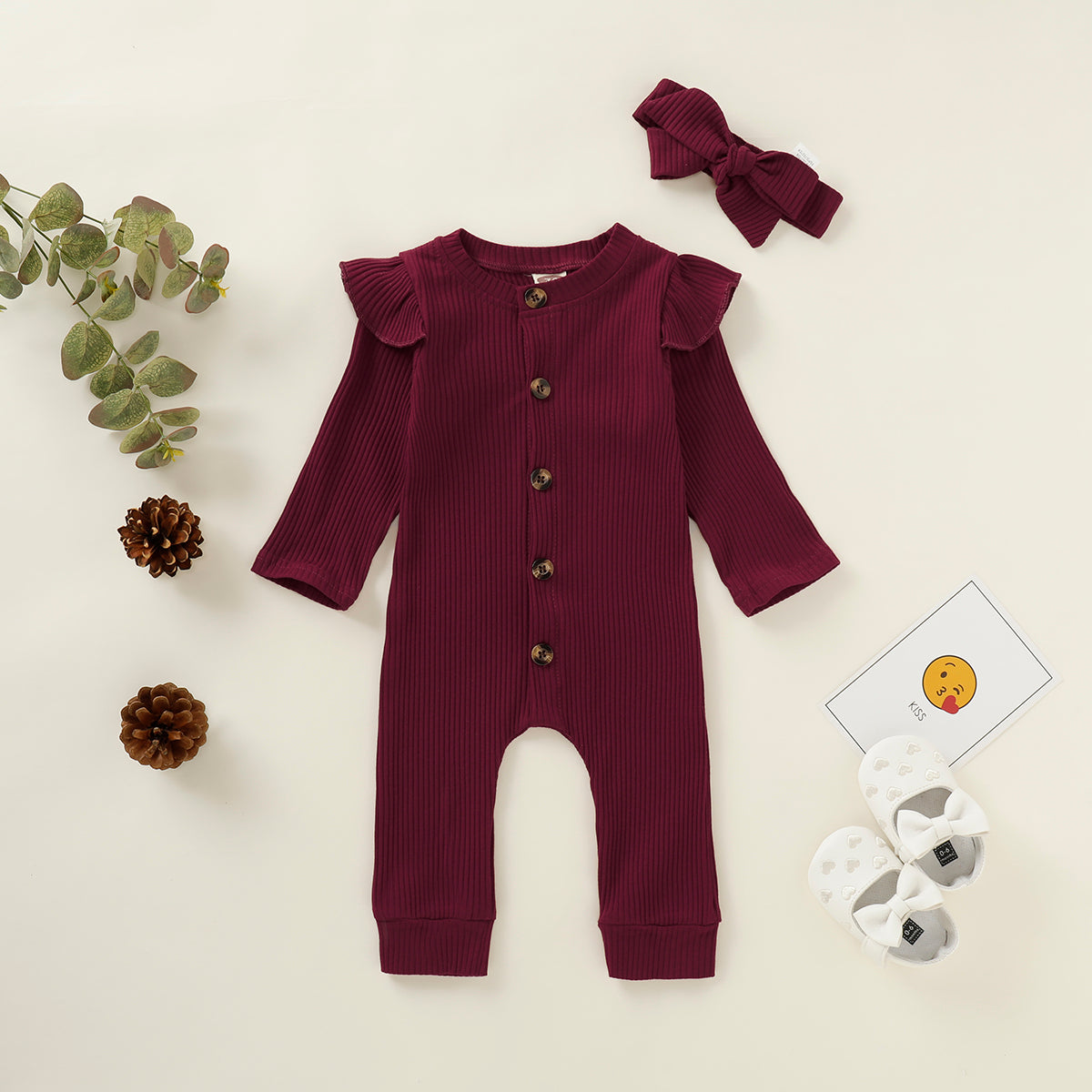 Baby Girls Romper Jumpsuit Onesies Bodysuit Solid Color Long Sleeve Round Neck Romper Red MO197643-1