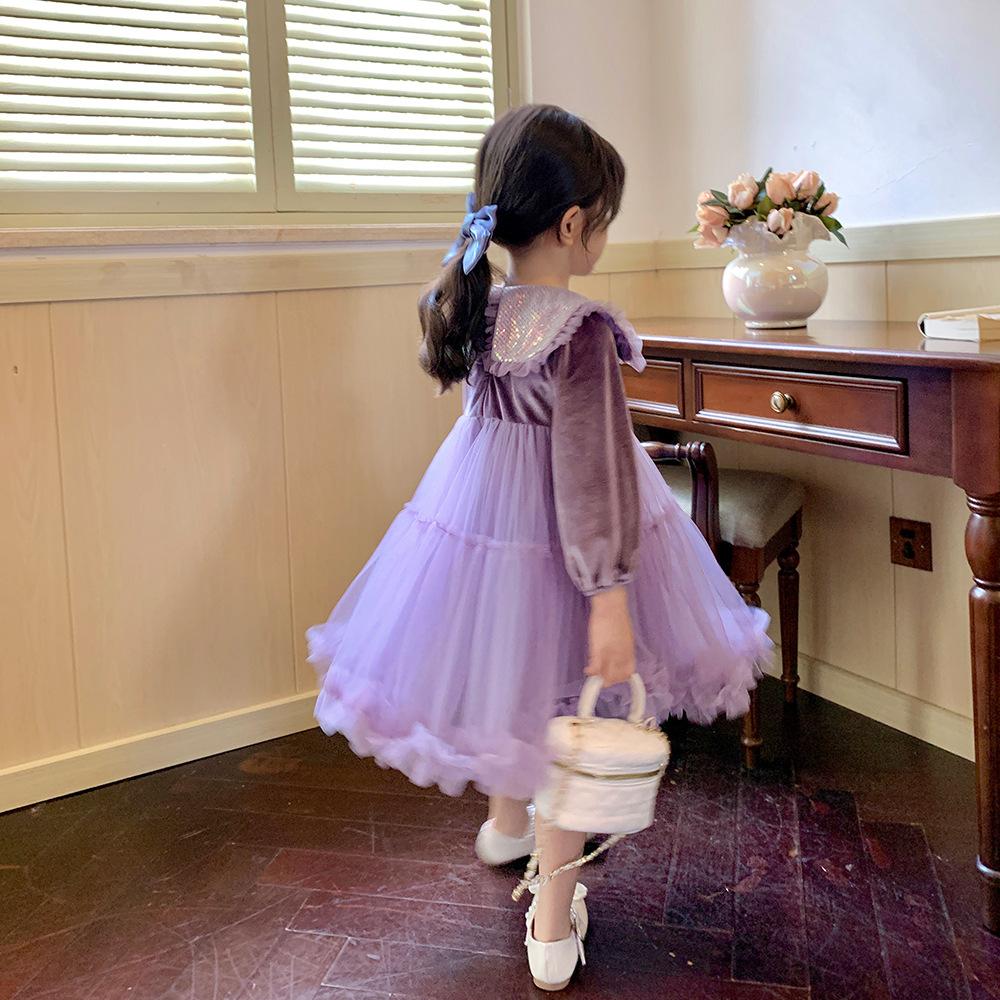 Baby Girls Ins Style Long Sleeve Princess Dress Puffy Dress Purple 2259
