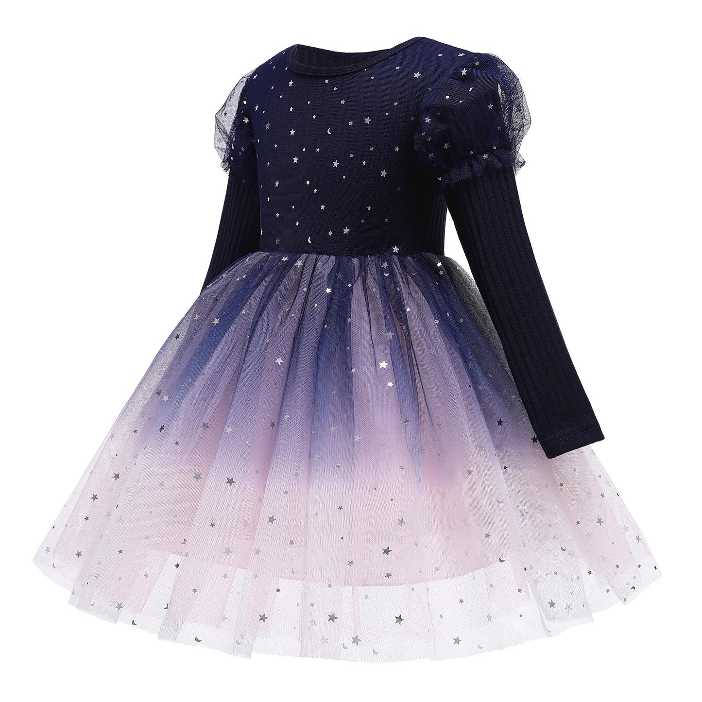 Little Girls Princess Dress Star Print Sequins Gauze Baby Girls Puffy Dress 1PCS Princess Dress Blue C861