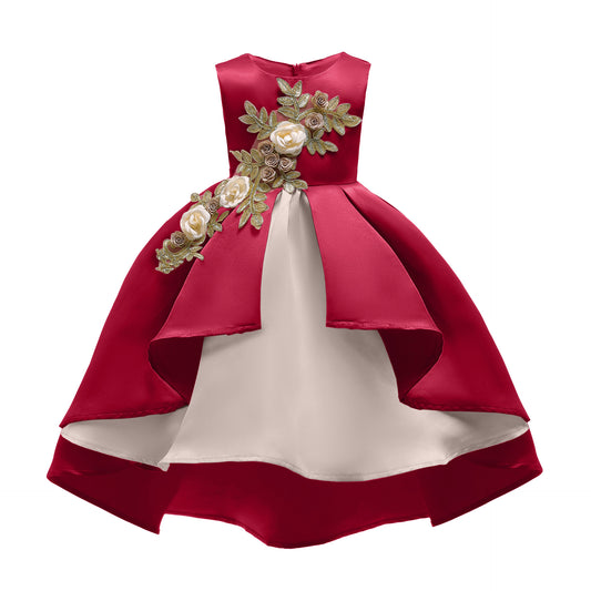 Kid Girls Princess Dress Solid Color Embroidery Sleeveless Round Neck Puffy Dress 1PCS Princess Dress-2948
