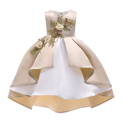 Kid Girls Princess Dress Solid Color Embroidery Sleeveless Round Neck Puffy Dress 1PCS Princess Dress-2948
